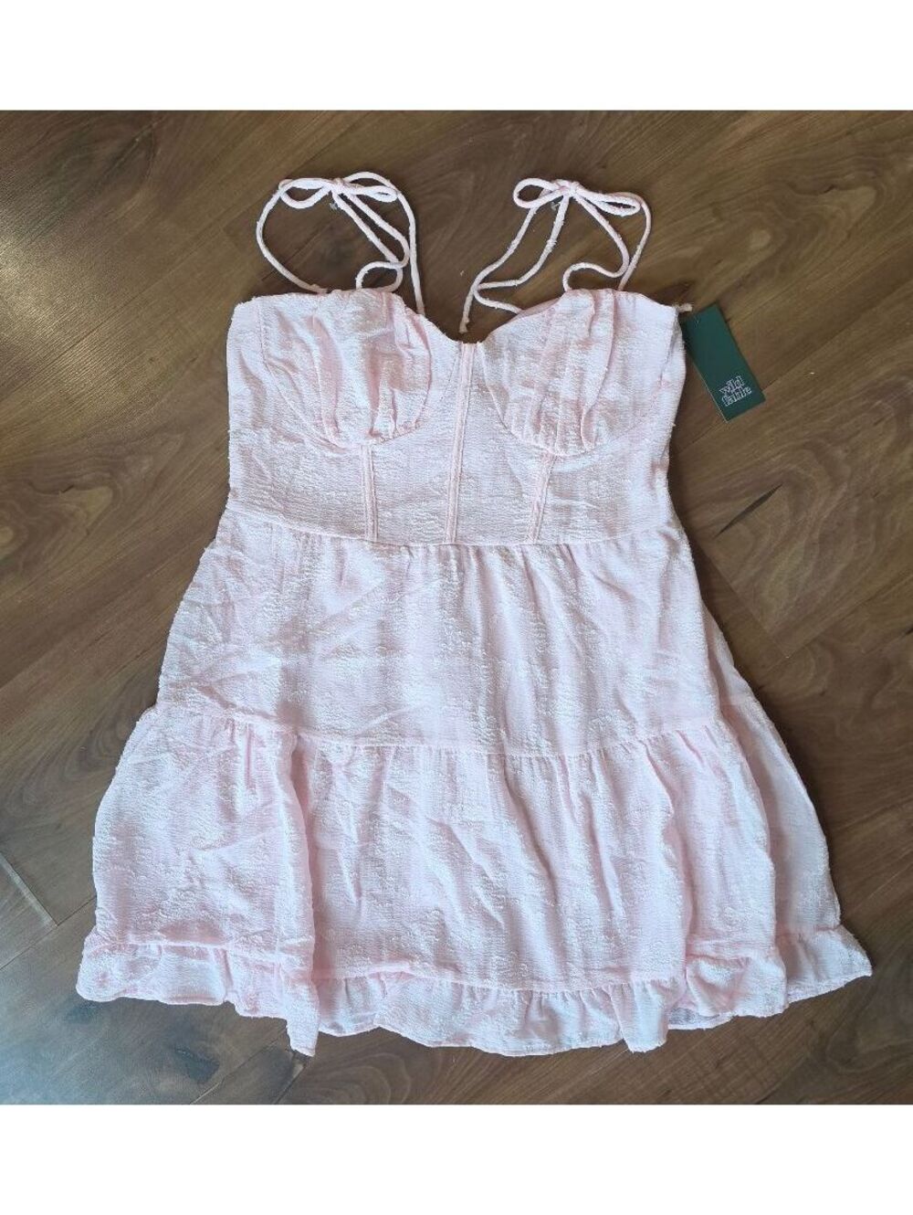 NWT Wild Fable Pink Textured Tie Strap Babydoll Mini Dress Corset Bodice, Sz Lrg